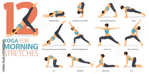 12 Yoga poses or asana posture for workout in Morning Stretches  concept. Women exercising for body stretching. Fitness infographic. Flat cartoon vector.