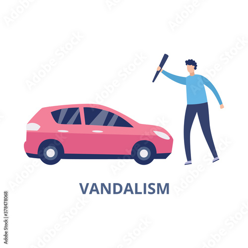 Car vandalism with man hitting automobile, flat vector illustration isolated.