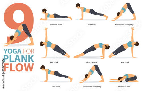 9 Yoga poses or asana posture for workout in Plank Flow concept. Women exercising for body stretching. Fitness infographic. Flat cartoon vector.