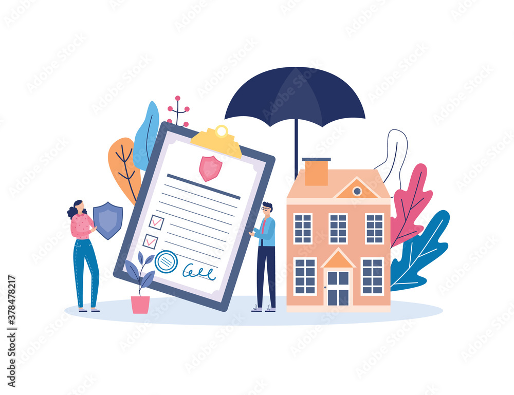 Property insurance policy signing banner with agents flat vector illustration. Property insurance policy signing banner with agents flat vector illustration.