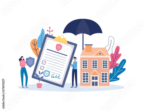 Property insurance policy signing banner with agents flat vector illustration.