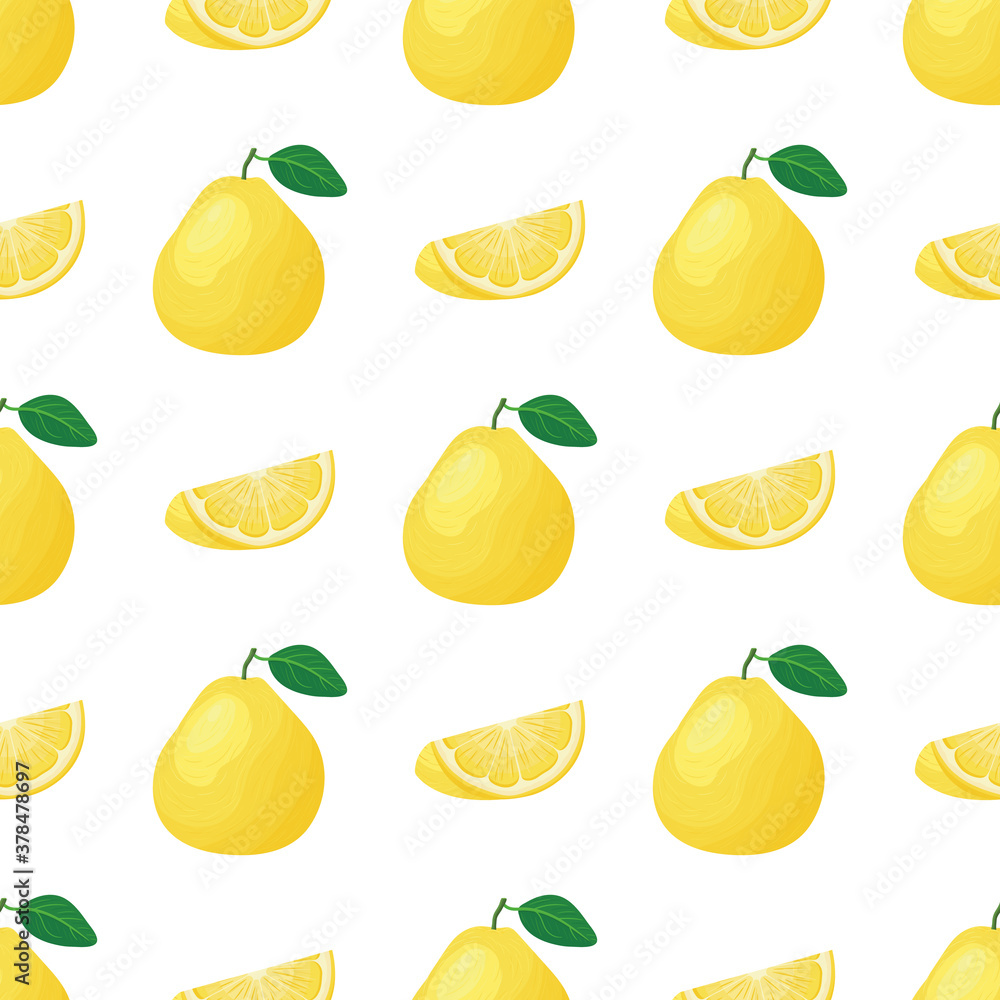 Seamless pattern with fresh bright exotic whole and cut slice pomelo fruit on white background. Summer fruits for healthy lifestyle. Organic fruit. Cartoon style. Vector illustration for any design. Seamless pattern with fresh bright exotic whole and cut slice pomelo fruit on white background. Summer fruits for healthy lifestyle. Organic fruit. Cartoon style. Vector illustration for any design.