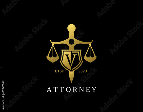 V Letter Law Logo design with golden sword, shield, wreath symbol vector design. Perfect for for law firm, company, lawyer or attorney office logo.