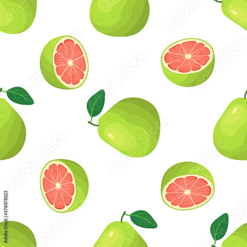Seamless pattern with fresh bright exotic whole and cut slice pomelo fruit on white background. Summer fruits for healthy lifestyle. Organic fruit. Cartoon style. Vector illustration for any design.
