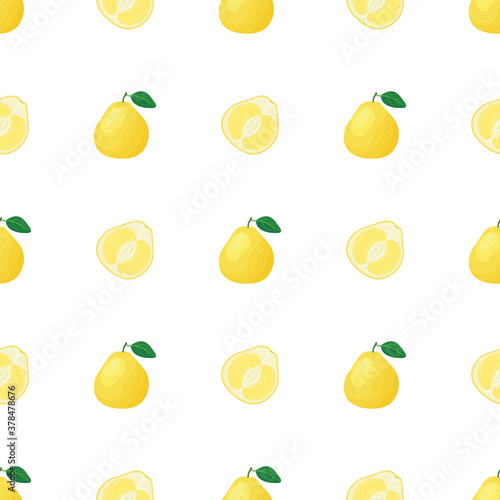 Seamless pattern with fresh bright exotic whole and cut slice pomelo fruit on white background. Summer fruits for healthy lifestyle. Organic fruit. Cartoon style. Vector illustration for any design.