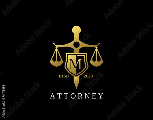 M Letter Law Logo design with golden sword, shield, wreath symbol vector design. Perfect for for law firm, company, lawyer or attorney office logo.