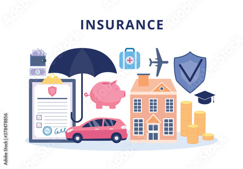 Insurance policy for property and health banner flat vector illustration.
