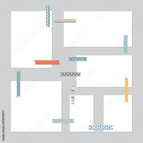 Paper sheets with scrapbooking tapes, realistic vector illustration isolated.