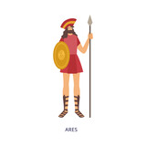 Ares god of war in armours and with shield, flat vector illustration isolated.