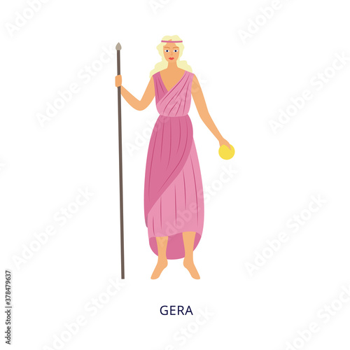 Gera or Hera greek or roman goddess, flat vector illustration isolated.