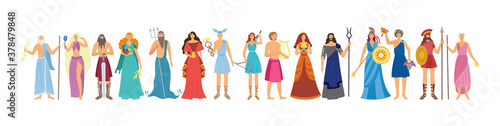 Characters of Greek pantheon goddess and gods flat vector illustration isolated.