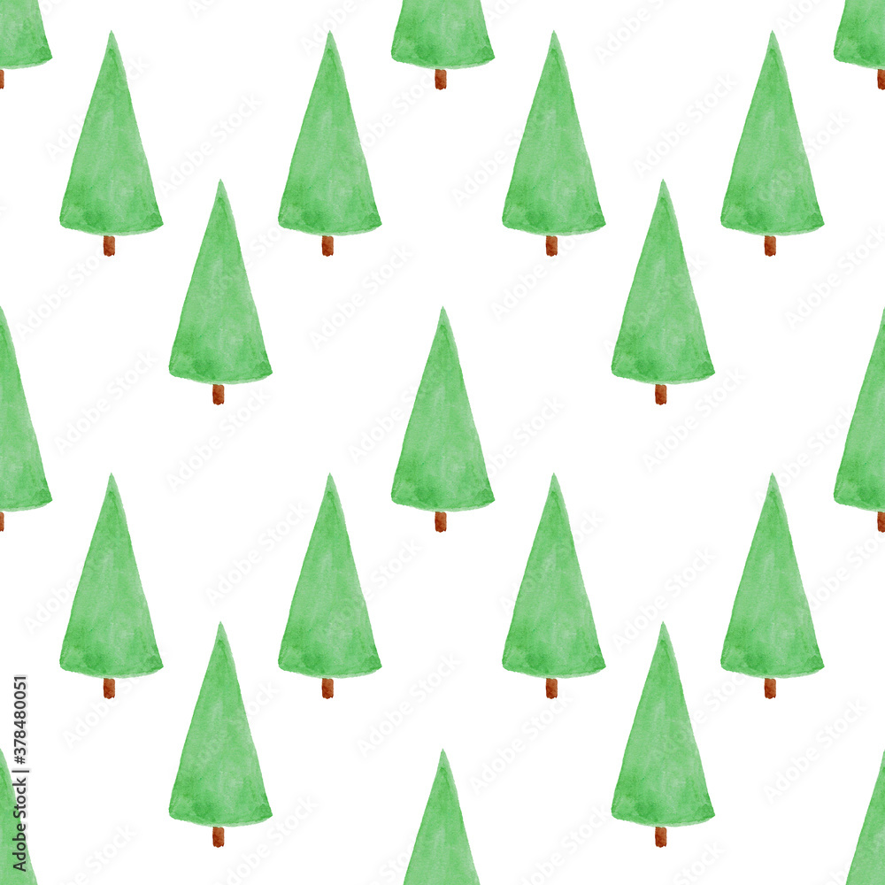 Christmas pattern with green tree on a white background. Can be used for postcards, wrappers, wallpapers, fabrics. Drawn in watercolor by hand. Christmas pattern with green tree on a white background. Can be used for postcards, wrappers, wallpapers, fabrics. Drawn in watercolor by hand.