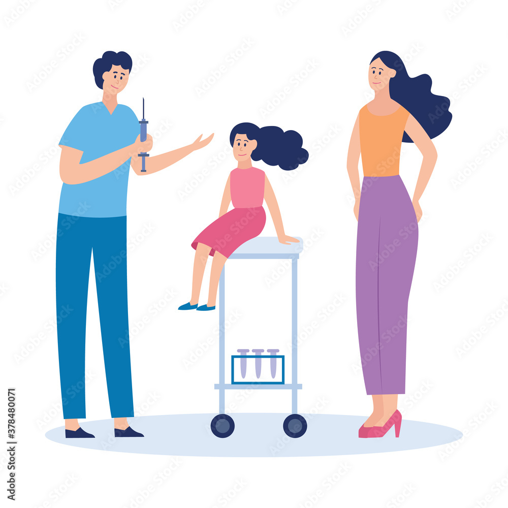 Child at vaccination prophylactic procedure flat vector illustration isolated.