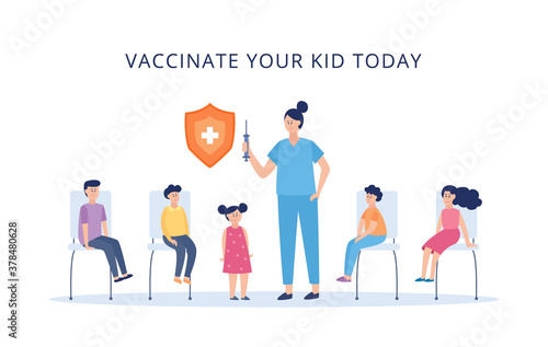 Vaccinate your kid - health poster of doctor with syringe and children
