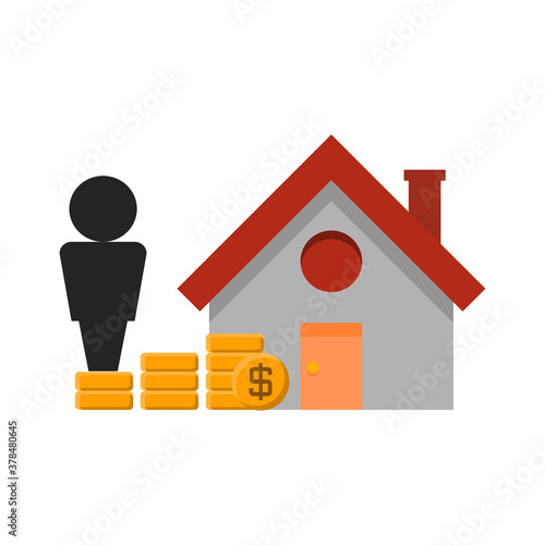 A small cottage style house with coin piles. Concept of house loan. Flat style illustration. Isolated on white background. 