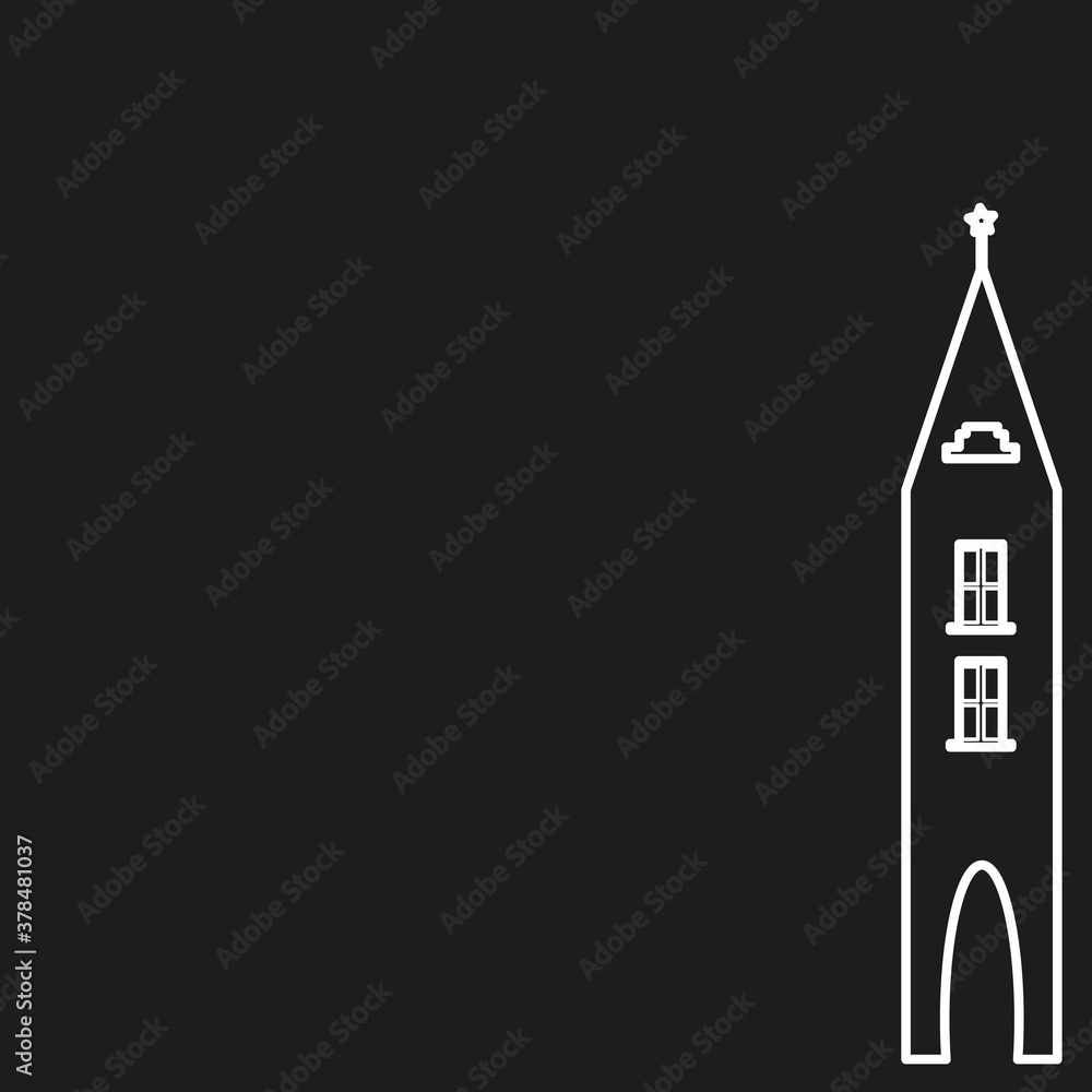 Isolated white house building and tower outline on black background. White contour vector illustration. Vector icon. Isolated white house building and tower outline on black background. White contour vector illustration. Vector icon.