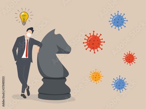 Business strategy in crisis, solution or idea to pass Coronavirus COVID-19 pandemic concept, investor or company owner with chess knight to fight with Coronavirus pathogen.