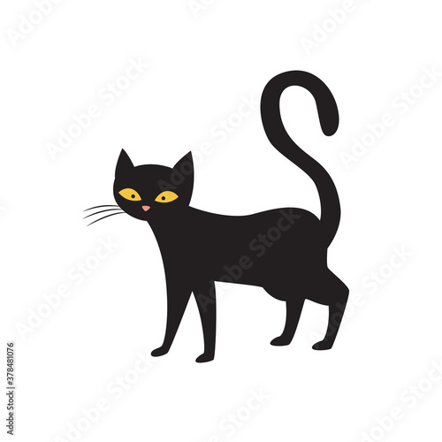 Magic black cat character standing alone, flat vector illustration isolated.