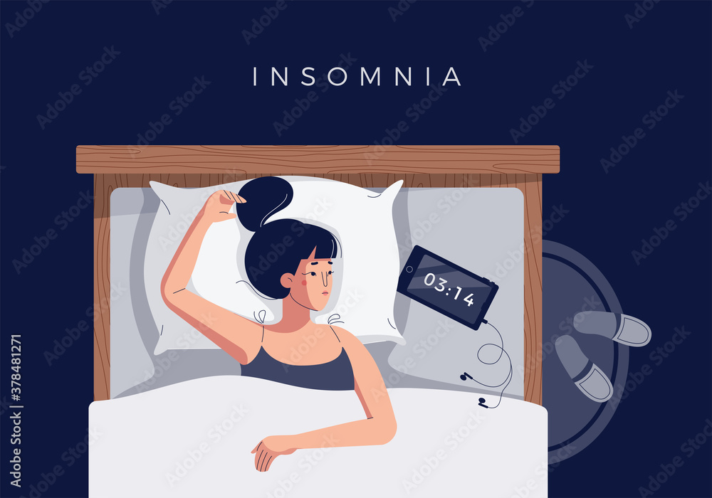 Sleepless girl suffers from insomnia, sleep disorder. Sad tired young woman  lying in bed, trying to fall asleep. Blue light from smartphone screen.  Character in flat cartoon style, vector illustration Stock Vector |