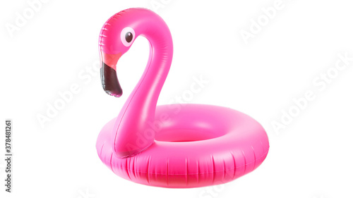 Pink pool. Inflatable flamingo for summer beach isolated on white background. Pool float party. photo