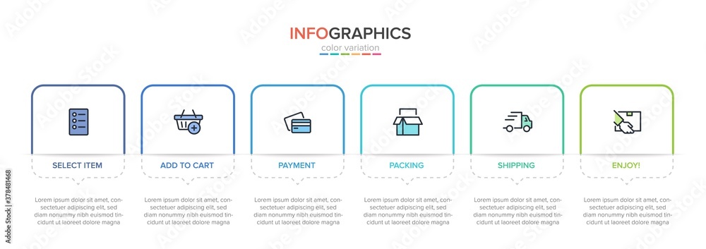 Concept of shopping process with 6 successive steps. Six colorful graphic elements. Timeline design for brochure, presentation, web site. Infographic design layout. Concept of shopping process with 6 successive steps. Six colorful graphic elements. Timeline design for brochure, presentation, web site. Infographic design layout.
