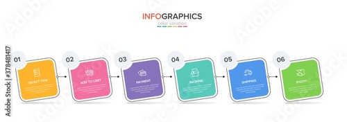 Concept of shopping process with 6 successive steps. Six colorful graphic elements. Timeline design for brochure, presentation, web site. Infographic design layout.
