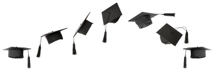 Graduation hats on white background