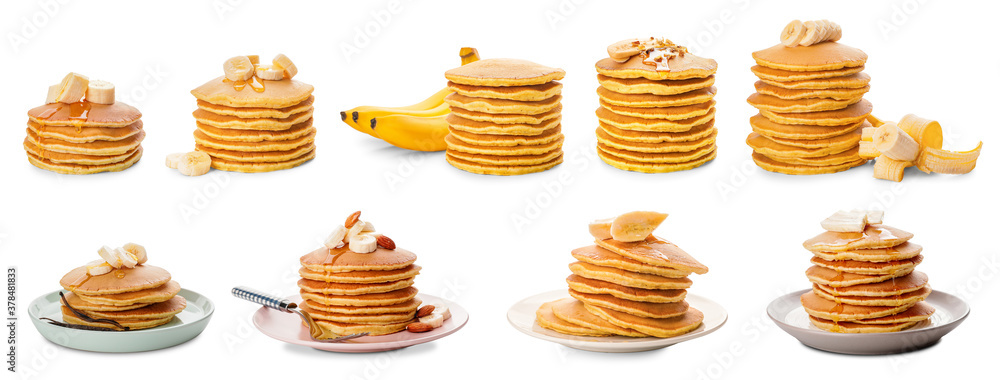Delicious banana pancakes on white background