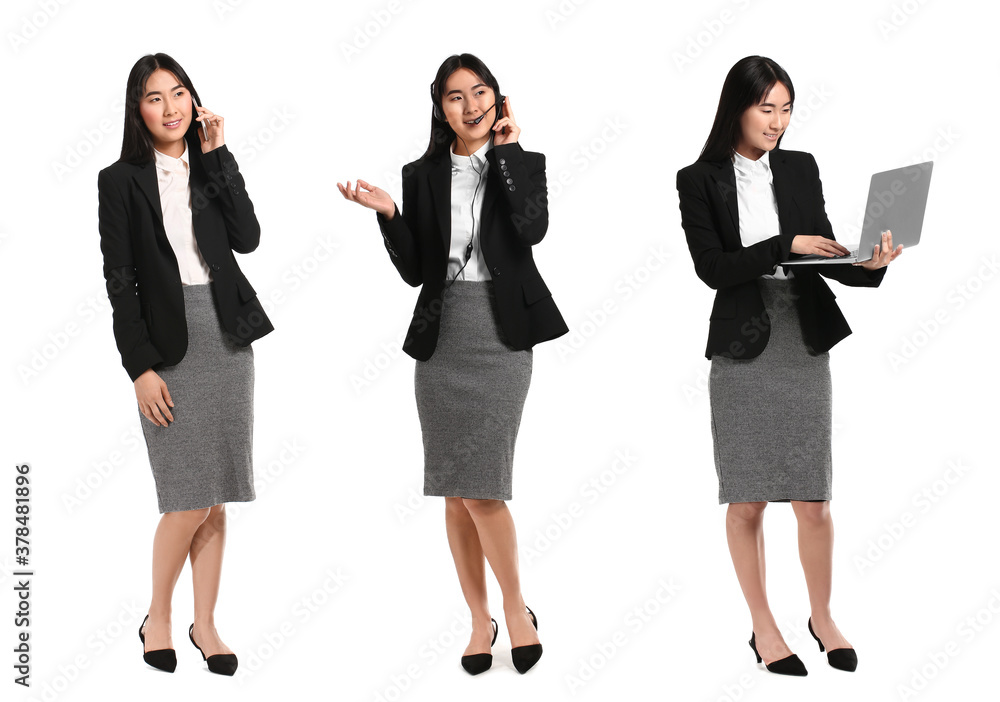 Beautiful Asian secretary with laptop on white background Beautiful Asian secretary with laptop on white background