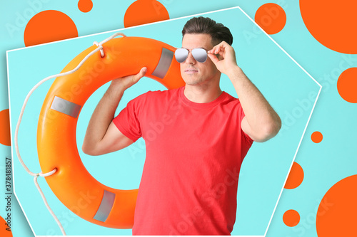 Beach rescuer with lifebuoy...