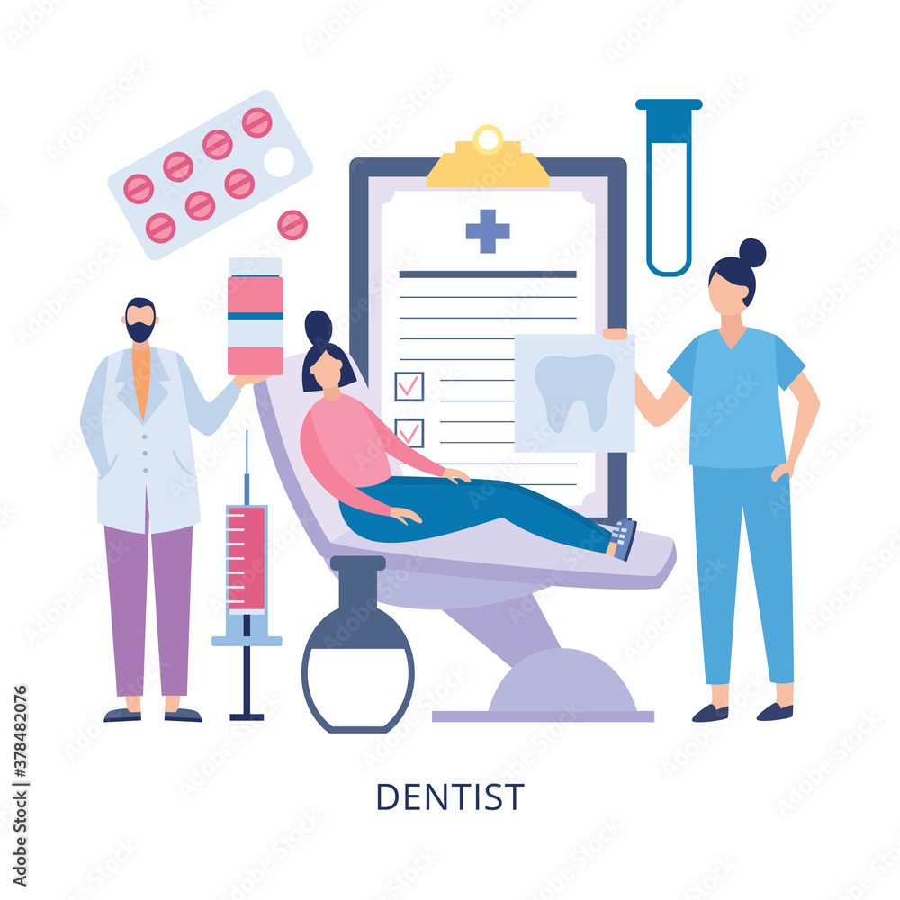 Dental medical treatment with dentist and patient flat vector illustration.