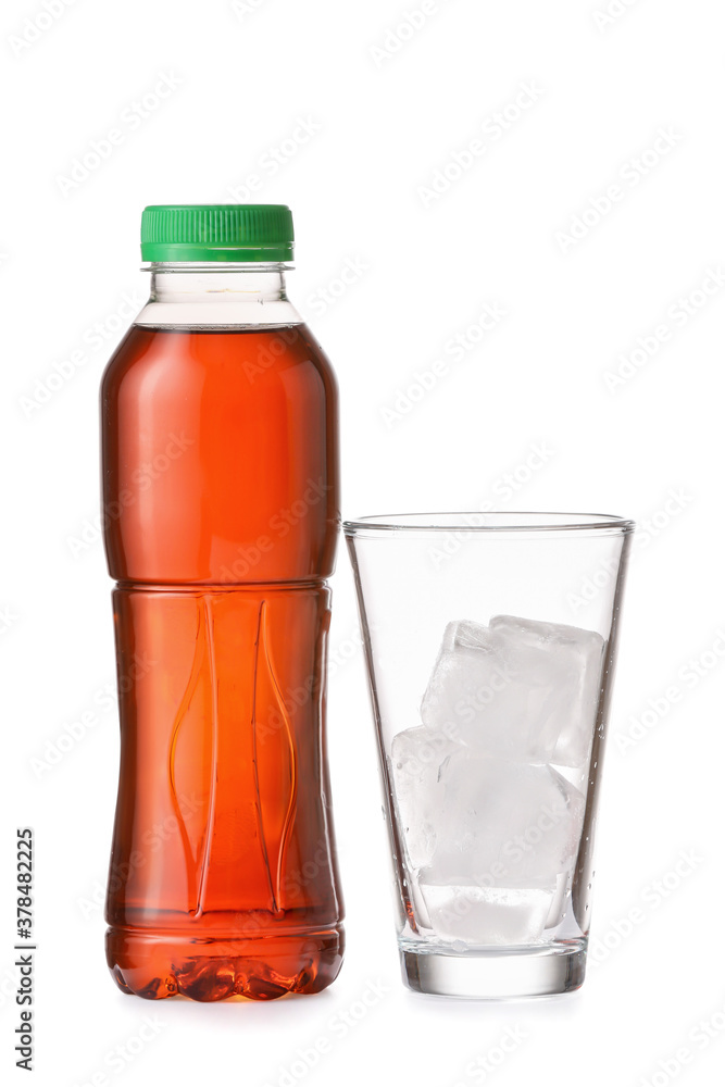 Bottle of fresh tea and glass with ice on white background Bottle of fresh tea and glass with ice on white background