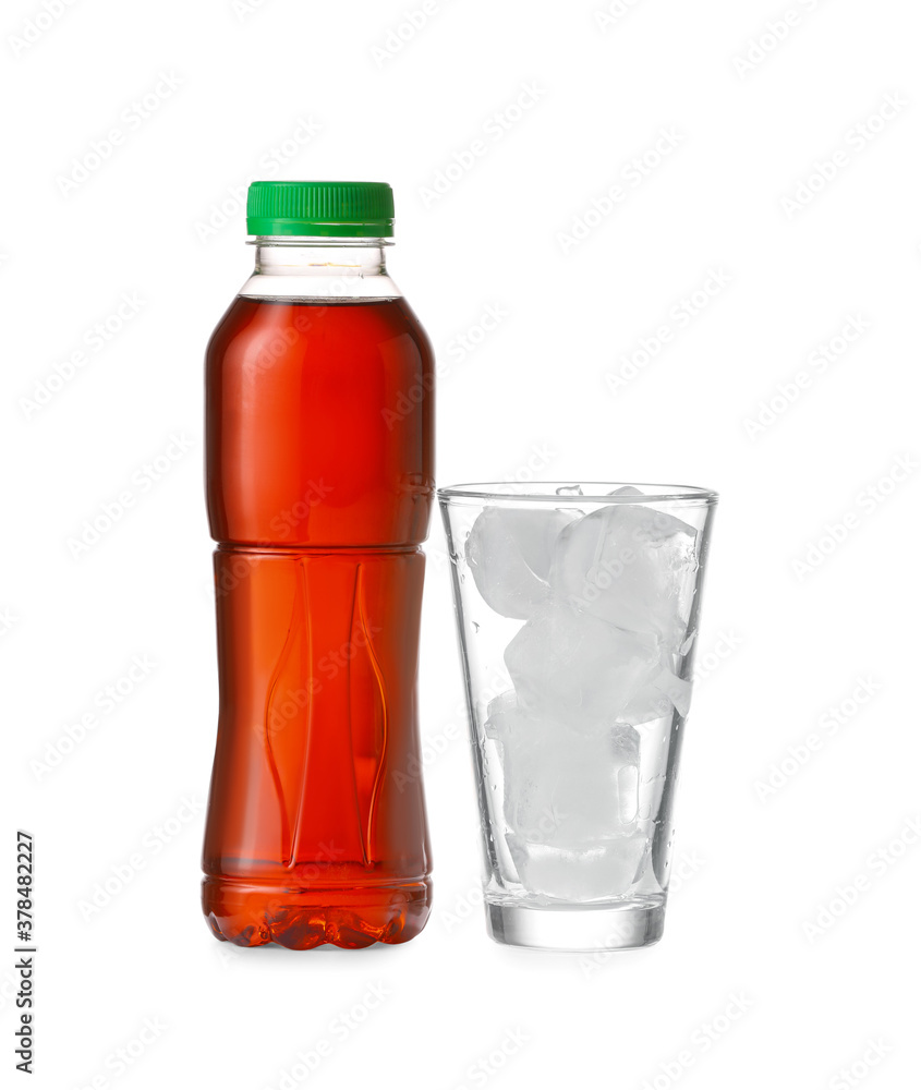 Bottle of fresh tea and glass with ice on white background Bottle of fresh tea and glass with ice on white background