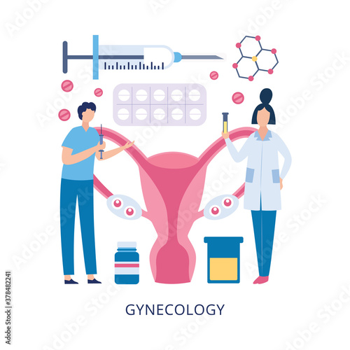 Banner for gynecology clinic and womens health exam, flat vector illustration.