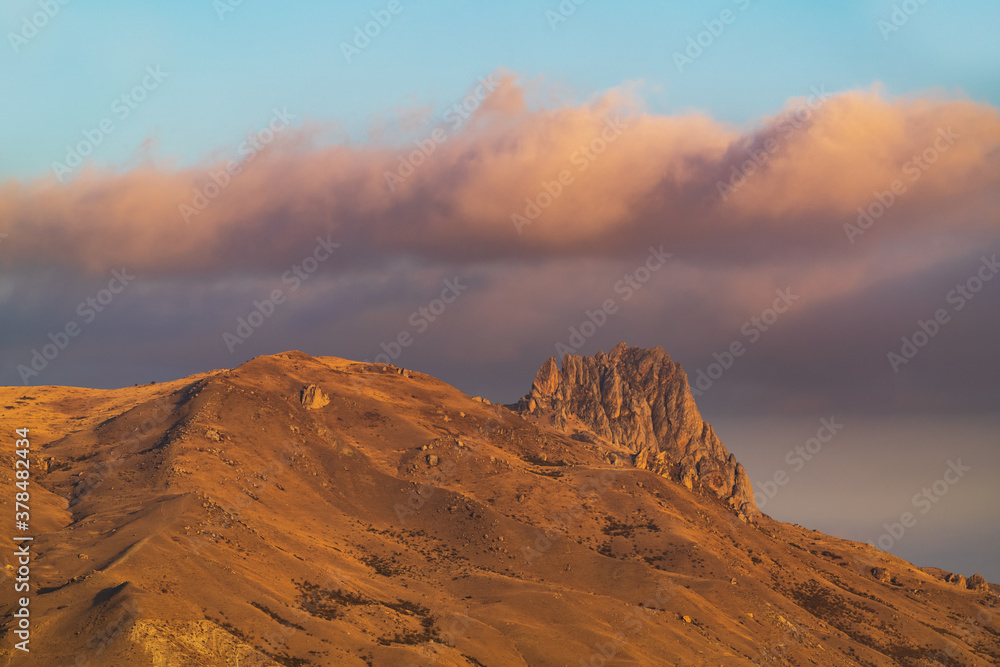 Rocky peak of holy mountain Beshbarmag located in Azerbaijan