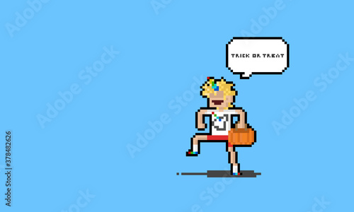 Pixel art cartoon blond hair boy with unicorn horn saying " trick or treat "