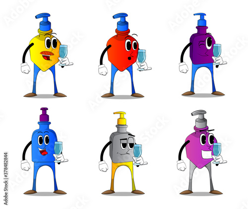 Cartoon bottle of hand sanitizer gel for hygiene with face holding a glass of water.