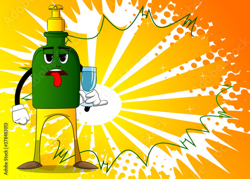 Cartoon bottle of hand sanitizer gel for hygiene with face holding a glass of water.