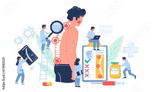 Osteopathy session and treatment. Man suffering from spine pain visiting osteopath, flat vector illustration. Tiny doctor characters examining patient vertebra. Osteopathic physician consultation.