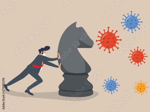 Business strategy in crisis, solution or idea to pass Coronavirus COVID-19 pandemic concept, investor or company owner wearing mask push chess knight to fight with Coronavirus pathogen.