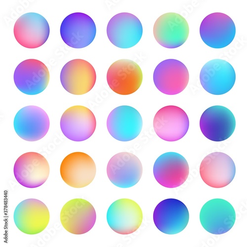 Holographic gradient sphere set. Vector vibrant multicolor neon  purple  blue  green  purple  yellow  orange  pink  cyan round buttons