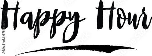 Happy Hour. Handwritten Typography Black Color Text On White Background