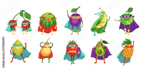 Funny superhero fruit and berry cartoon character set, flat vector illustration. Cute cherry, plum, banana, apple, strawberry, watermelon, lemon, pear, avocado, pineapple in super hero cape and mask.