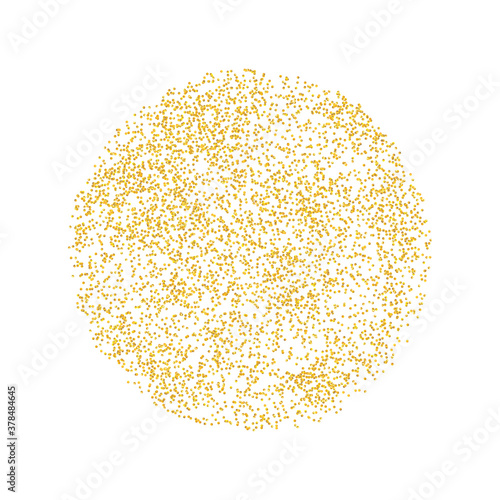Circle, round backdrop Golden texture crumbs. Gold dust scattering on a white background. Particles grain or sand assembled. Vector shards, pieces. Illustration grunge textures for design
