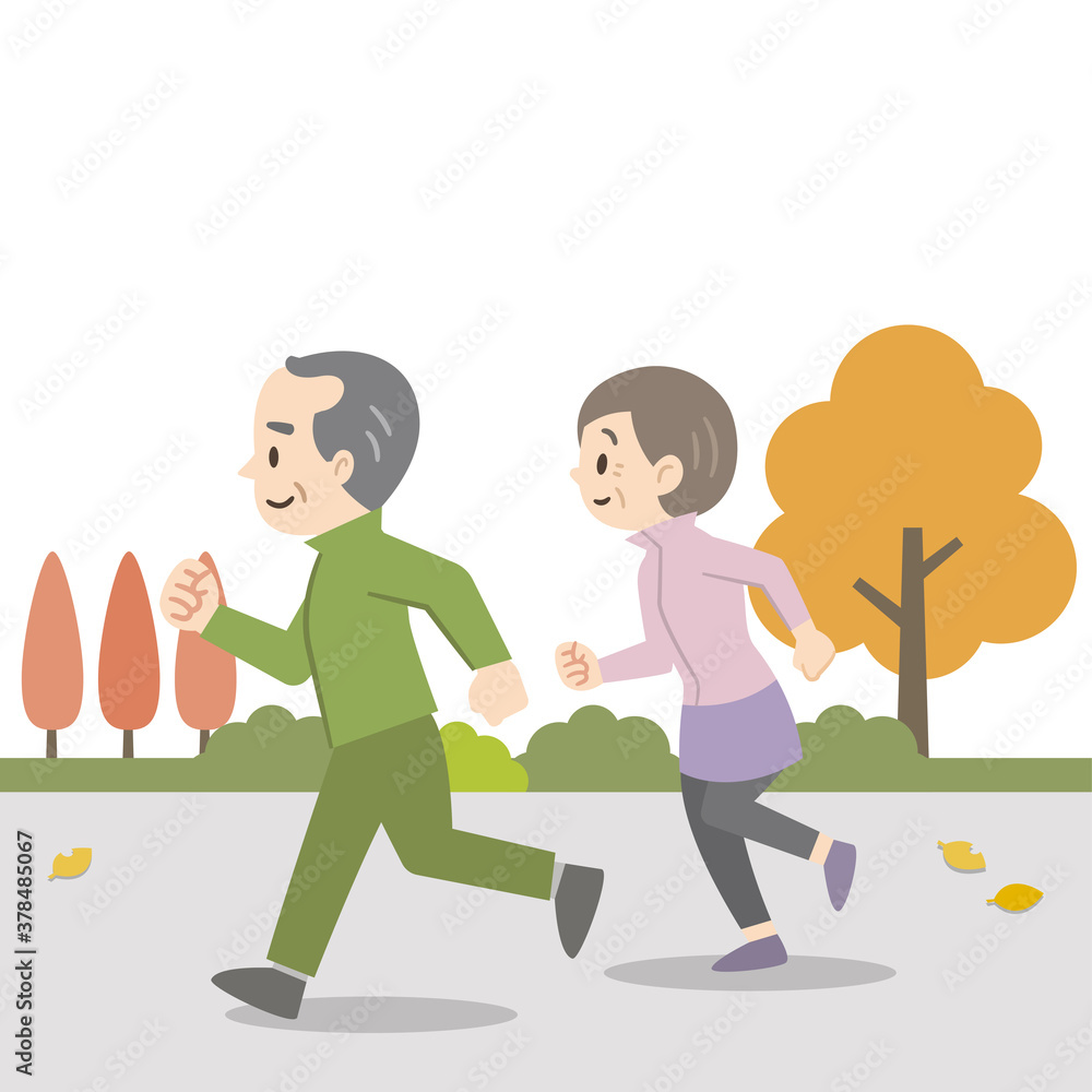 屋外でジョギングをする老夫婦