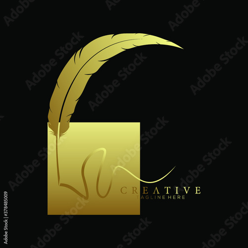 feather pen logo gold with square gold vector design template