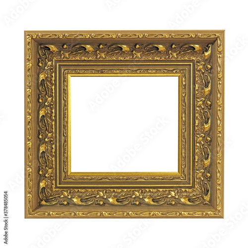 Wooden frame for paintings with gold patina. Isolated on white