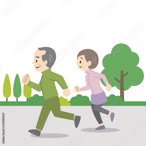 屋外でジョギングをする老夫婦