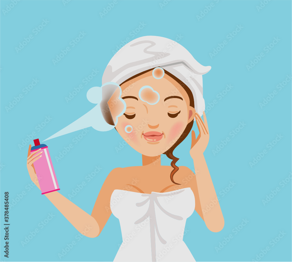 girl is spray mineral water on her face. Skin care nourishing and caring. girl is spray mineral water on her face. Skin care nourishing and caring.