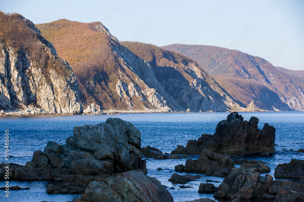 Picturesque rocks of the North Cape. Marine area of the Sikhote-Alin Biosphere Reserve in the Primorsky Territory